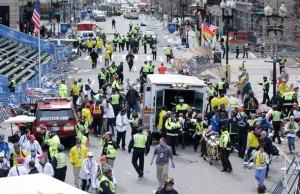 Emergency workers respond to the scene of the April 15 bombings at the Boston Marathon.