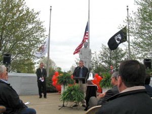 REMEMBERING FALLEN WORKERS: Madison County State's Attorney Tom Gibbons speaks on Sunday, April 28, at the Workers Memorial Day Service of the Greater Madison County Federation of Labor, at Gordon Moore Park in Alton. Gibbons said labor and its supporters need to be vigilant to protect the workplace safety advances made in recent decades. Labor Tribune photo 