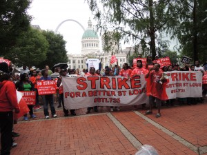 AFTER TWO DAYS OF STRIKES, fast food workers fighting for a living wage and the right to form a union without retaliation, rallied at Kiener Plaza in downtown St. Louis. Labor Tribune photo