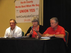 THE ANTI-WORKER AGENDA in Jefferson City is not only an effort to cripple unions, but an all-out assault on the “middle class to make slaves of the 99% for the benefit of the 1%” said St. Louis Building Trades Executive Secretary-Treasurer Jeff Aboussie (left) at last week’s meeting of Democratic party leaders and activists called to understand workers’ issues and their impact on all Missourians. On the labor panel discussing issues were Missouri State Senator/President of the Missouri Building Trades Council Gina Walsh (member, Asbestos Workers Local 1)  and Missouri AFL-CIO Secretary-Treasurer Mike Louis. Labor Tribune photo