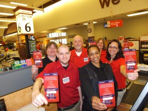 WELCOME TO SCHNUCKS eScrip PROGRAM from Local 655 members at the Schnuck Market on Ladue Rd. &I-64 (front row, second from left) Checker Shant-A Gregory and Ass’t. Customer Service Mgr. Erin Hartzell; (Back row from left) Customer Service Rep. Kim Rush, Ass’t. Grocery Manager Paul Rother and Customer Service Rep Syd Finan. They were joined by Schnucks Center Store Manager Andrew Swartz (front row, at left).  Labor Tribune photo