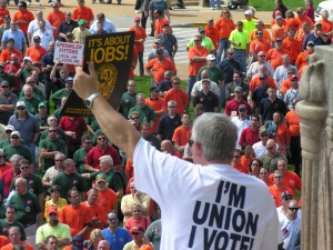 SOLIDARITY: Thousands of Missouri union members gathered in front of the Missouri State Capitol in Jefferson City for the Missouri State Building & Construction Trades Council’s Labor Solidarity Rally in 2012. Even more are expected for this year’s Stand Up for Missouri’s Middle Class rally and lobbying day, March 26, to speak out against anti-union, anti-worker attacks in the Missouri Legislature. – Labor Tribune file photo 