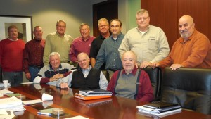 JOE BEETZ (seated right), secretary/treasurer of the Greater St. Louis Laborers Pension Board and a representative of the Plumbing Industry Council, is retiring after nearly 50 years on the pension board. Seated with Beetz are fellow board members (from left) Mason Association Management Trustee Don Grant and Fred M. Luth & Sons and AGC Management Trustee Bill Luth. Standing (from left) are Pension Board Chairman and Laborers Local 42 Business Agent Jeff O’Connell, Bituminous Paving Constractors Management Trustee Joe Leritz, Laborers Local 110 Business Manager Don Willey, Hoette Construction Co. and Site Improvement Association Management Trustee Joe Hoettee, Laborers Local 42 President Rich McLaughlin, Goodwin Brothers Construction and AGC Management Trustee Doug Wachsnicht, Eastern Missouri Laborers District Council Business Manager Gary Elliott and Laborers Local 53 Business Manager/Secretary Treasurer Charlie Bean. – Laborers Pension Board photo 