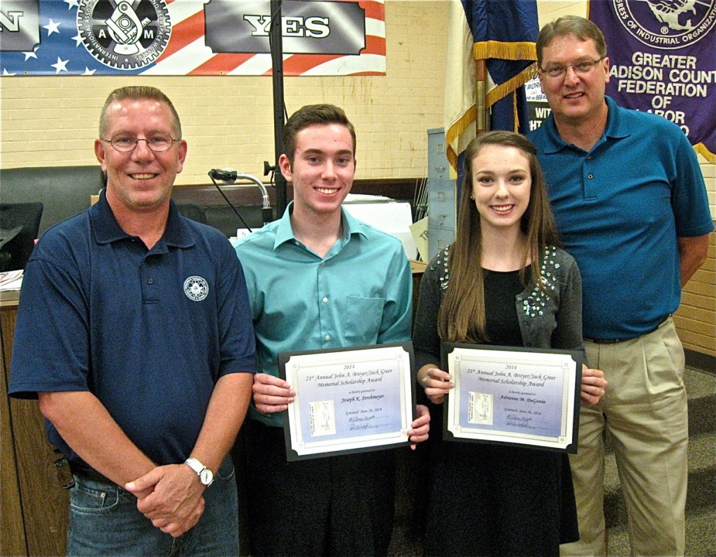 STAR STUDENTS: Presenting and receiving this year’s John Broyer/Jack Greer Memorial scholarships from the Greater Madison County Federation of Labor are (from left) Federation President B. Dean Webb, Joseph L. Strohmeyer of Edwardsville and Adrienne M. DeGonia of Lebanon and essay contest head Paul Schaeffer (UFCW 881). Each student received a $1,500 scholarship. – Labor Tribune photo 