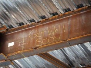 GET WELL SOON: Construction workers from Ironworkers Local 396 sent a special message to a little girl undergoing treatment for ALL at St. Louis Children's Hospital last month. – KSDK-TV photo