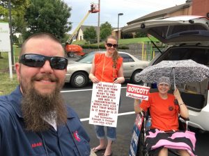 DESPITE FACING FINANCIAL CRISIS, Adam Sidek, wife Amanda and 17-year old daughter Kinsey are out on the Schnuck boycott lines regularly fighting Schnucks unfair firing of 131 veteran warehouse workers and replacing them with scabs at their new north county warehouse. Amanda’s bone cancer is in remission…after $272,356 in hospital costs. How they will continue treatment without their insurance is a huge concern for them.